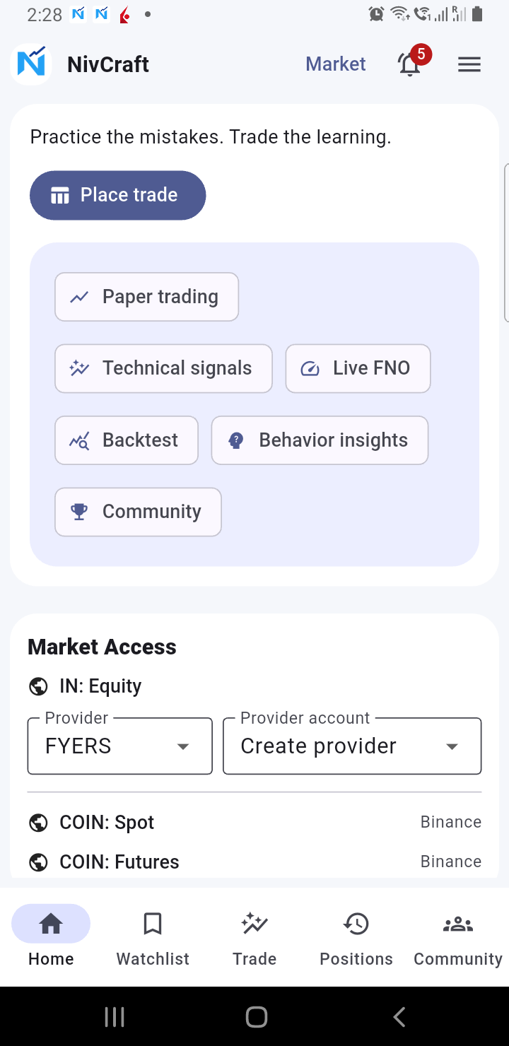 NivCraft home screen with quick actions and connected markets