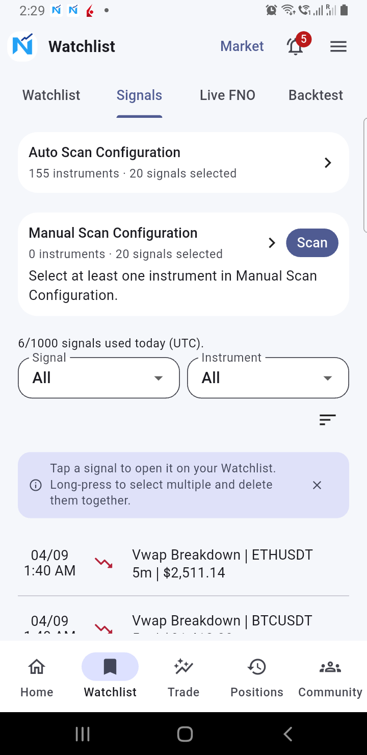 Technical signals list with scan configuration